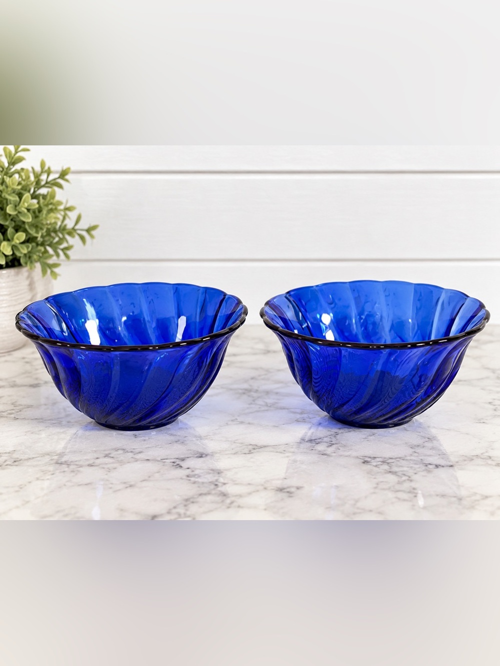 Set of 2 Cobalt Blue Glass Swirl Bowls Scalloped Rim